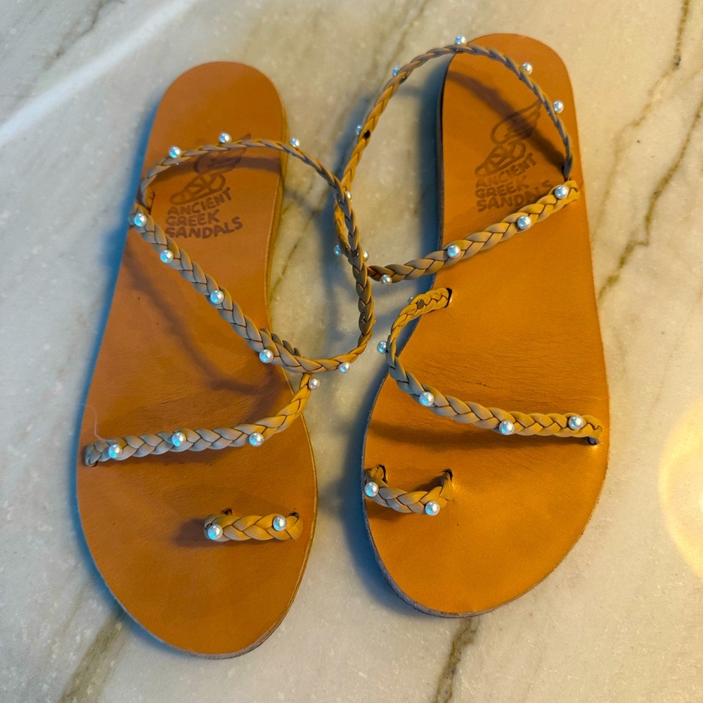 Ancient Greek Sandals Women's Tan Sandals with Pearls